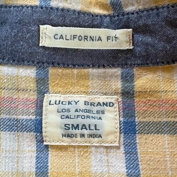 Lucky Brand California Fit Plaid Button Front Shirt Yellow Blue Mens Small - Picture 10 of 14
